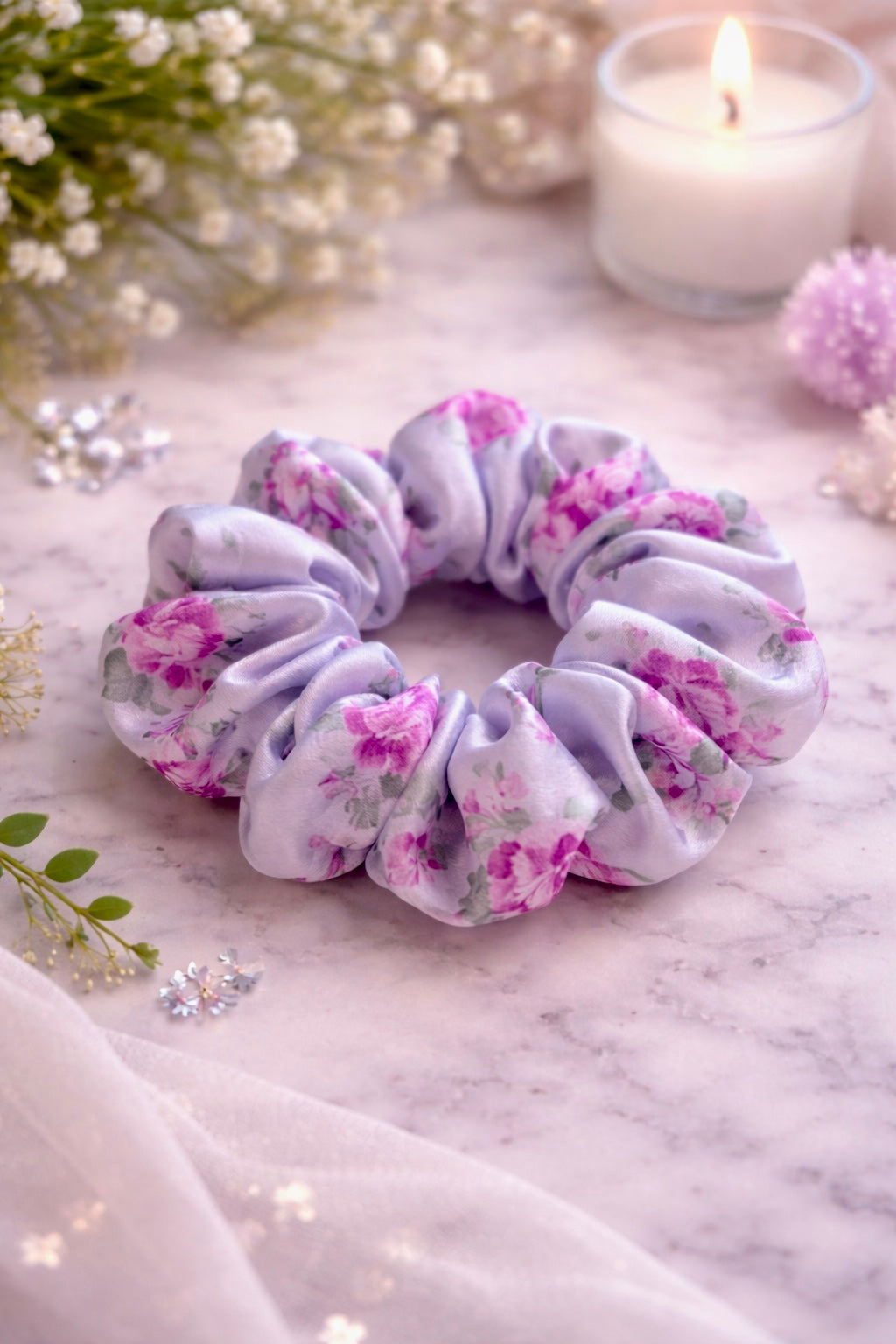 Premium Handmade Lavendar Floral Scrunchies