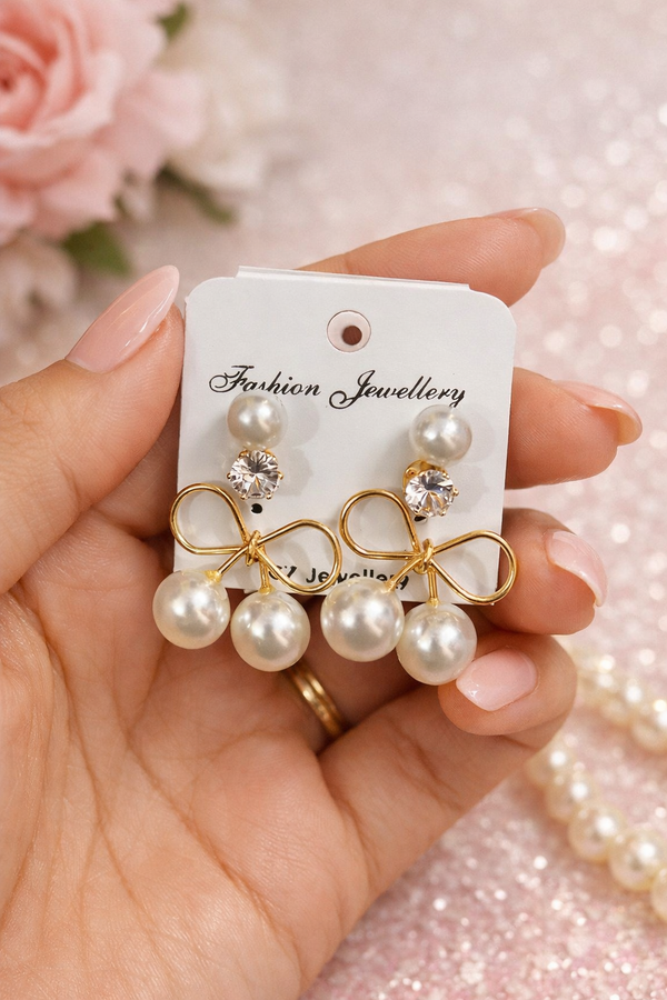 Premium Pearl Bow Studs, 2 Pairs (Big Bow and Small Crystal Pearls)