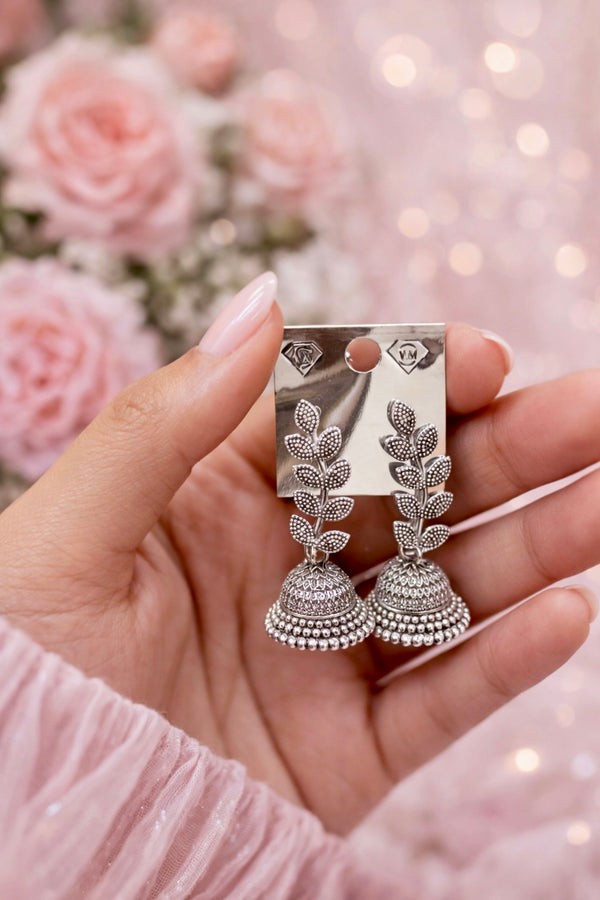 Oxidized Silver Flower Jhumka Earrings - 1 Pair