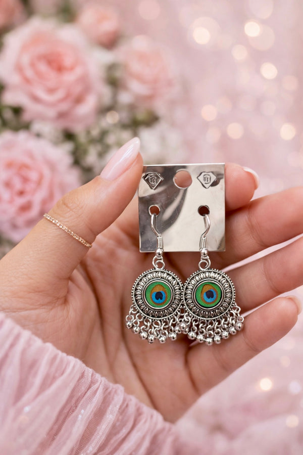 Oxidized Silver Peacock Jhumka Earrings - 1 Pair