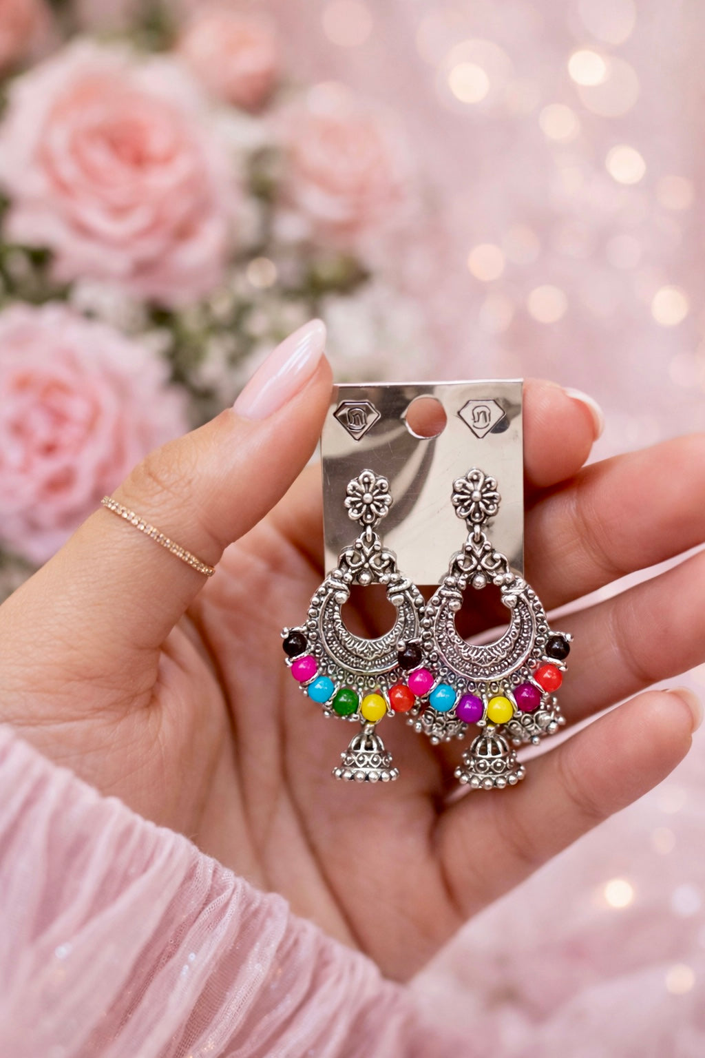 Oxidized Silver Jhumka Multicolored Earrings - 1 Pair